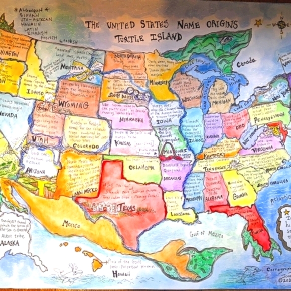 USA Handmade Map cartography painting watercolor pen & ink Earth Day - Picture 2 of 16